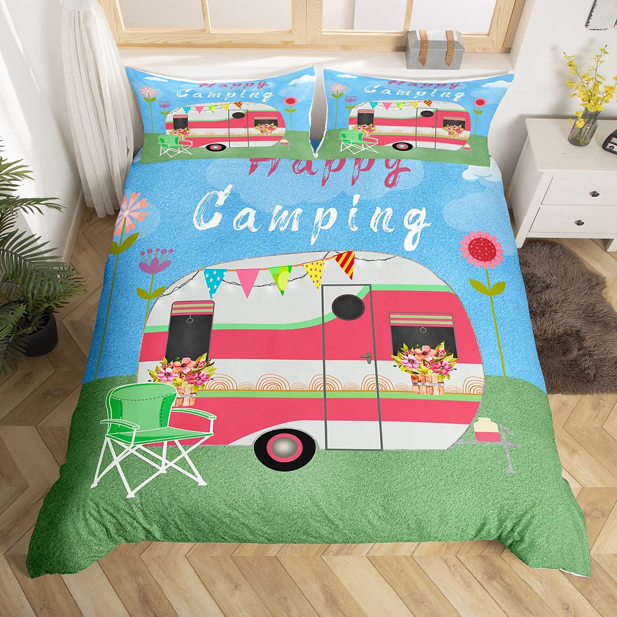 Outdoor Adventure Quilt - ปลอกผ้านวมสำหรับแคมป์ปิ้งมีความสุขชุดเครื่องนอนสำหรับแคมป์พักแรมพืชการเดินทางกลางแจ้งการผจญภัยผ้าคลุมเตียงผ้าคลุมเตียงสำหรับแคมป์รถสีฟ้าผ้าคลุมผ้านวมฟ้า