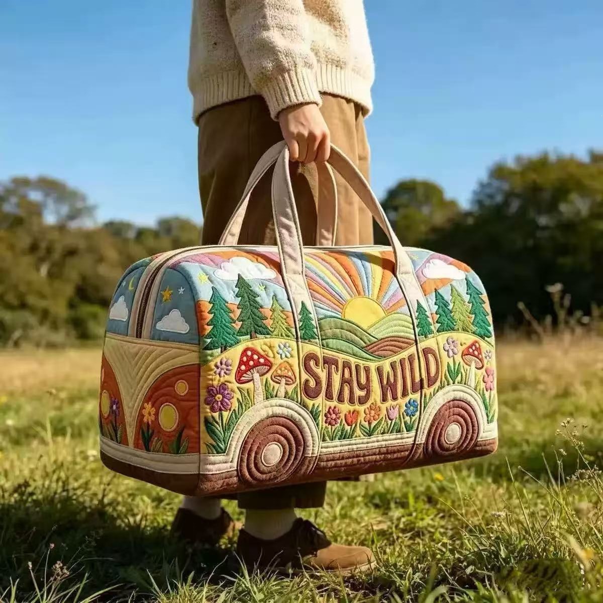 Outdoor Adventure Quilt - กระเป๋าเดินทางแบบควิลท์ลายรถแคมป์ปิ้งวินเทจ ขนาด 18 นิ้ว, กระเป๋าเดินทางสไตล์เรโทรสำหรับรถ RV,